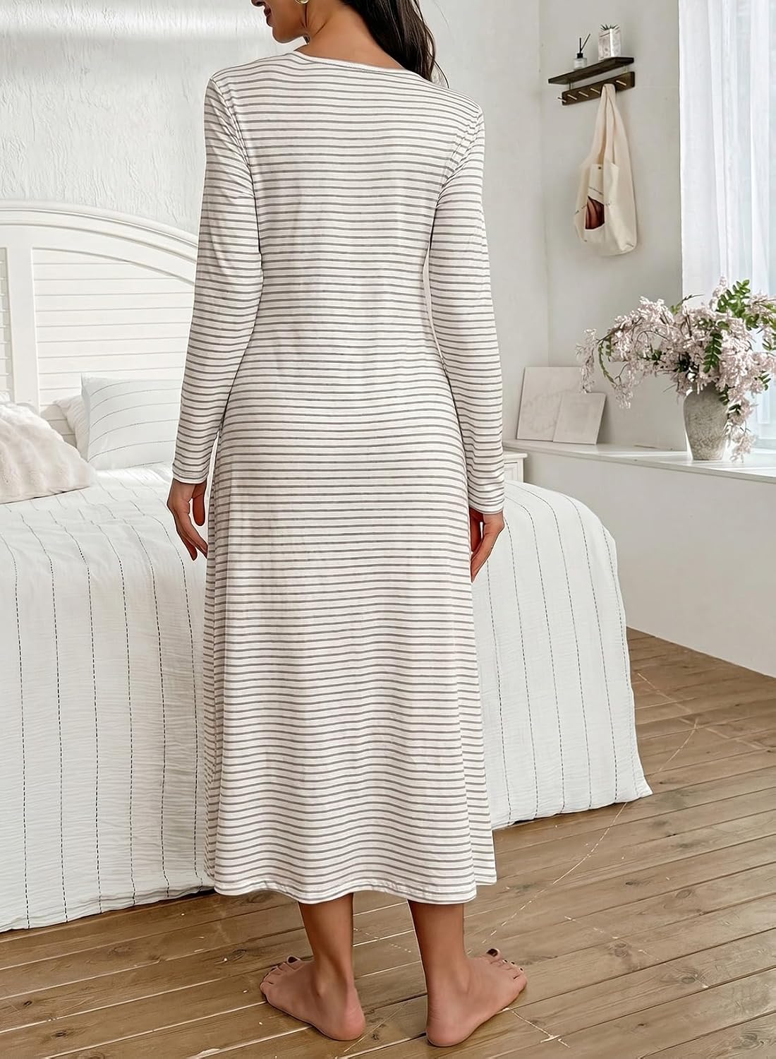 BLENCOT Maternity Dress V Neck Long Sleeve Striped Button Down Maxi Dresses