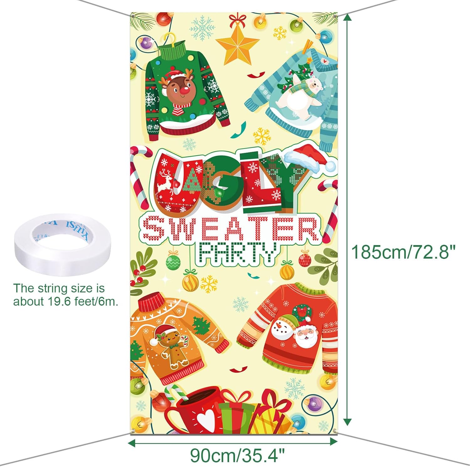 HOWAF Ugly Sweater Christmas Party Decorations Door Cover, Ugly Xmas Sweater Party Background Photo Booth Decoration for Christmas Winter Holiday Home Decor, 72.8 * 35.4 inch