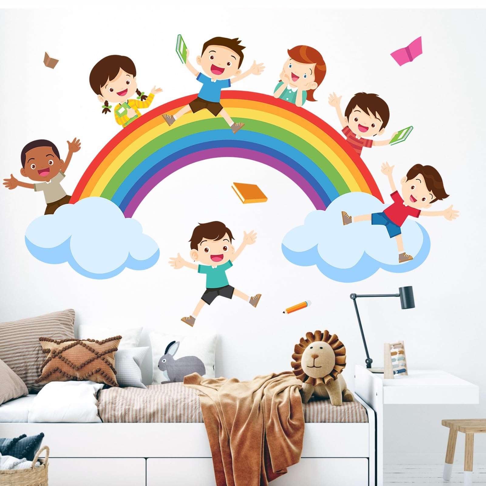 Autocollants aquarelle grand nuage arc-en-ciel avec motifs éducatifs pour salle de jeux