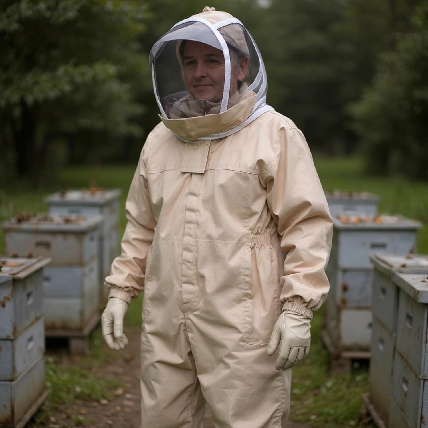Beekeeper Suit, Full Body Thickened, XXL Khaki, Protective Beekeeping Suit with Gloves for Men