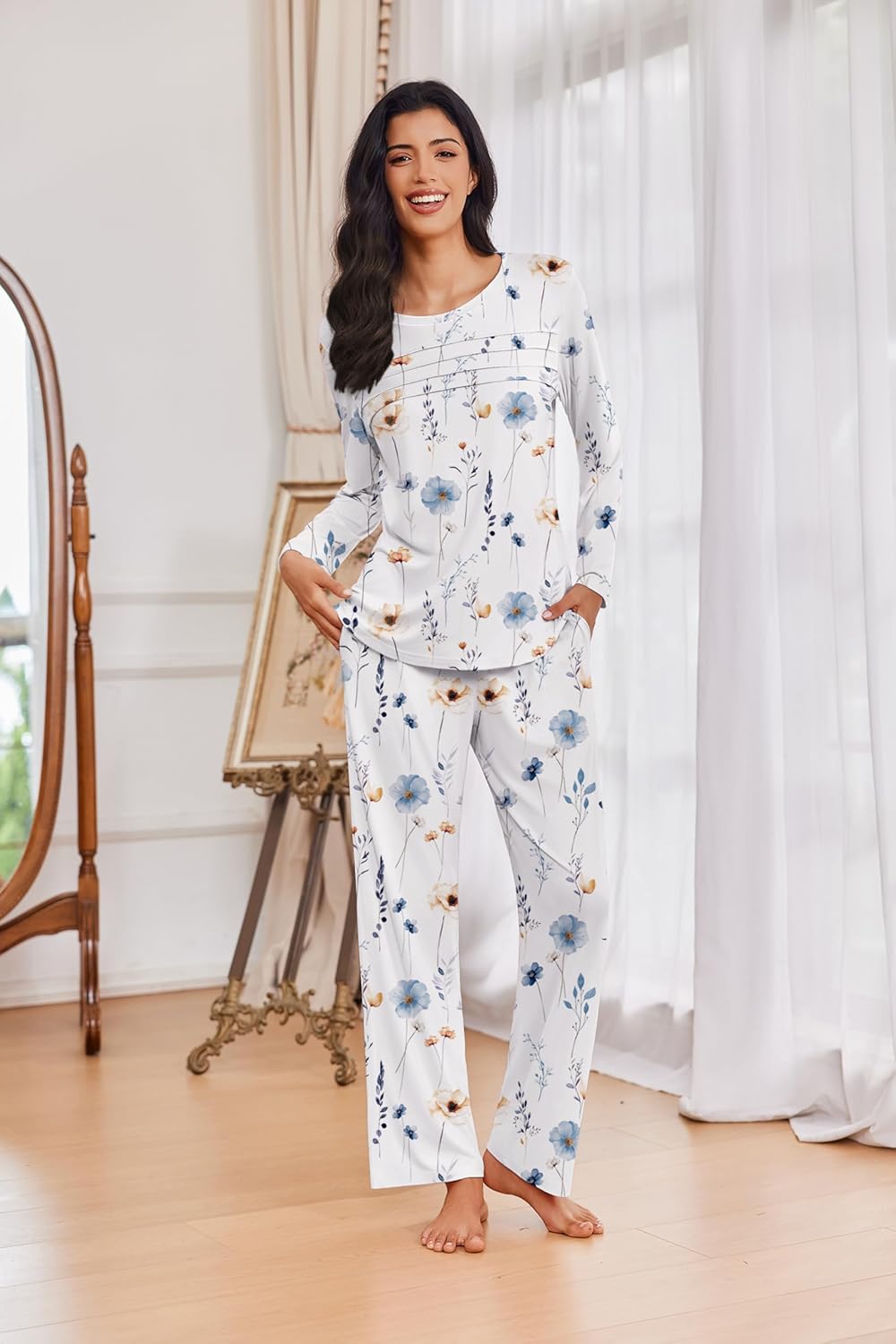 Ekouaer Womens Pajama Sets Pleated Tops with Long Pants Lounge Set Long Sleeve Fall Sleepwear Ladies Pjs S-XXL - Image 3