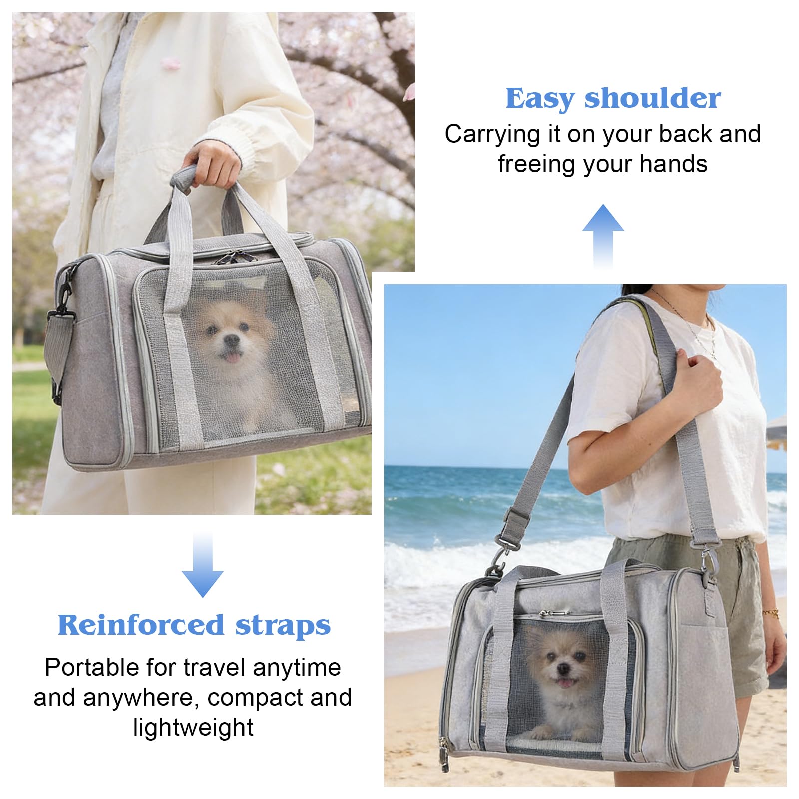 Sac Transport Chat Chien, 45 x 30 x 30 cm Sac de Transport pour Chat, Sac de Transport pour Animal, Sac de Transport pour Chats Pliable pour Chiens et Chats avec Bandoulière Réglable Gris, L
