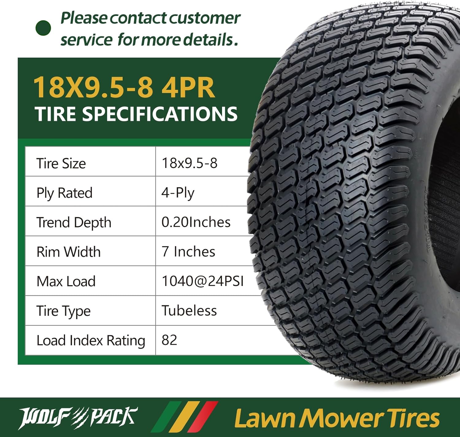 WOLF PACK 18x9.5-8 Lawn Mower Tires, Turf Saver Lawn & Garden Tires for Craftsman John Deere Dixon Walker Mower, 4 ply Tubeless, Set of 2