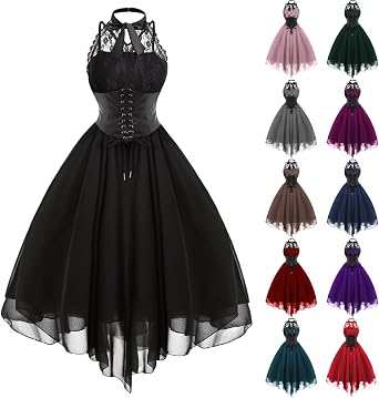 Womens Sleeveless Gothic Dress with Corset Halter Lace Swing Cocktail Dress Formal Halloween Punk Hippie Dresses