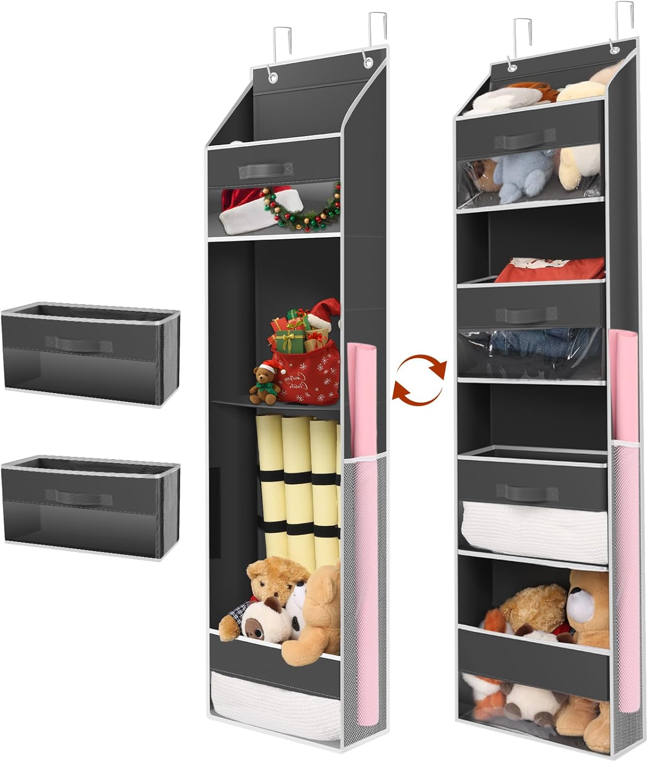2PCS Over Door Wrapping Paper Organizer Storage with 2 Removable Drawers & Side Pockets – Dual Use Design with Elastic Straps, Christmas Gift Wrap Hanging Roll Holder for Ribbons, Bows, Ornament Tools