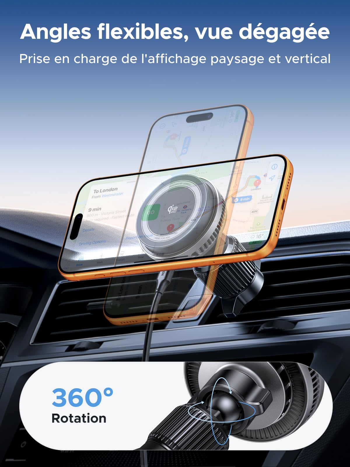 UGREEN MagFlow Pro Qi2 25W Chargeur MagSafe Voiture Compatible avec iPhone 17 16 15 14 13 12 Pro Max Air Plus, Refroidissement TEC Optimal, Ventilateur Intégré, Fixation sur Grille d'aération