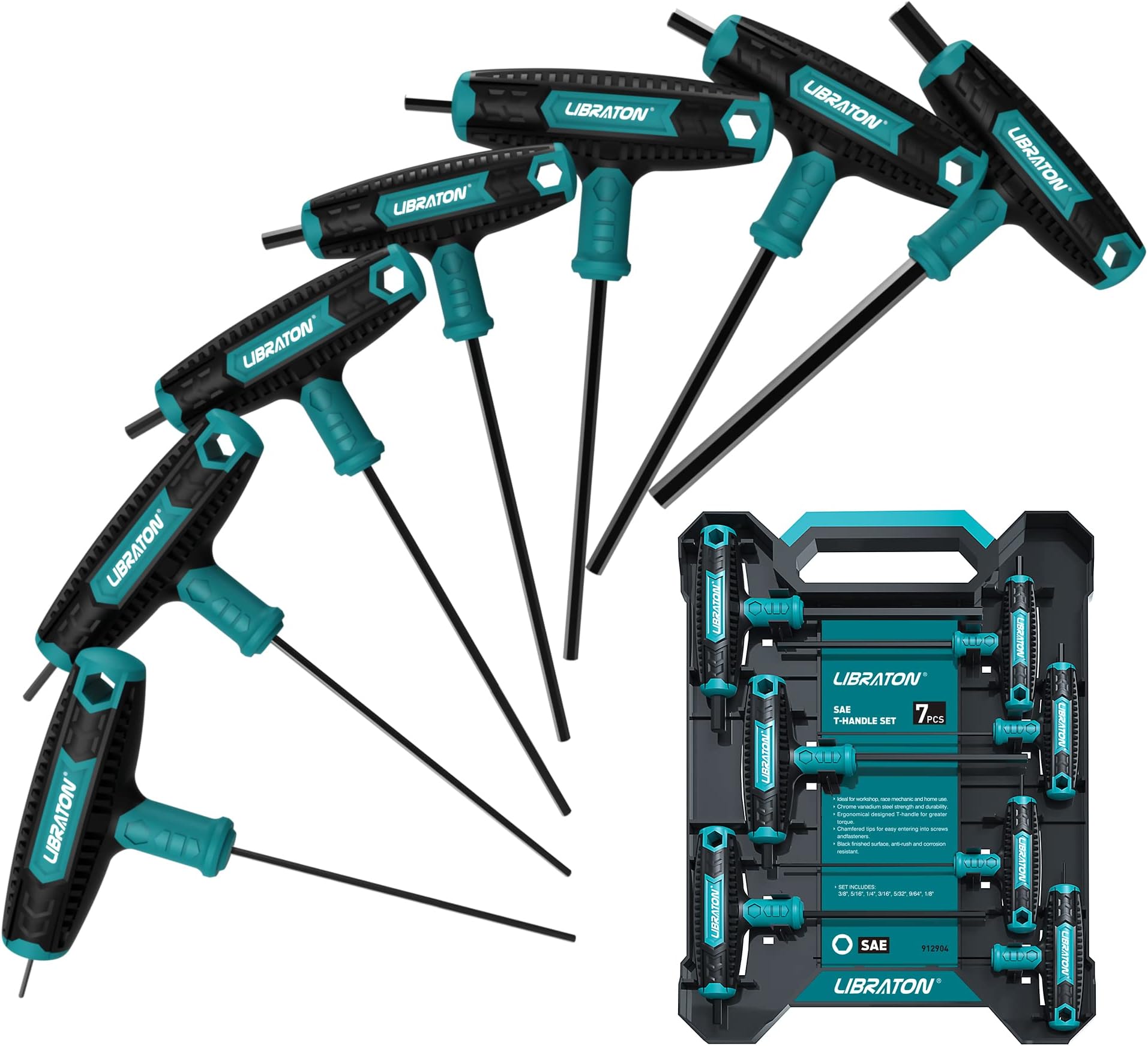 LIBRATON T Handle Allen Keys, Hex Key T-Handle Set, SAE Hexagon Wrench Set, Bike Repair Tool with Storage Case, 7 Pieces