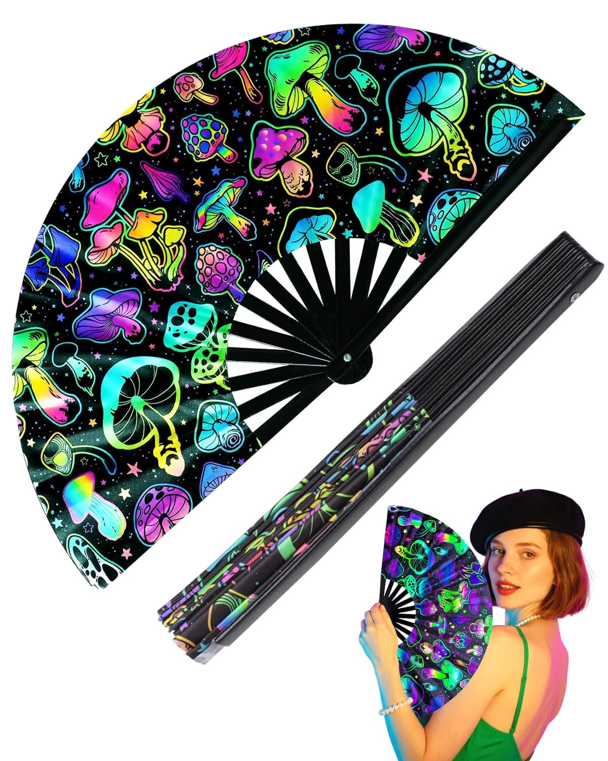 Abanico Plegable Glow Rave de Mano Grande para Bailar, Fiestas, Festivales