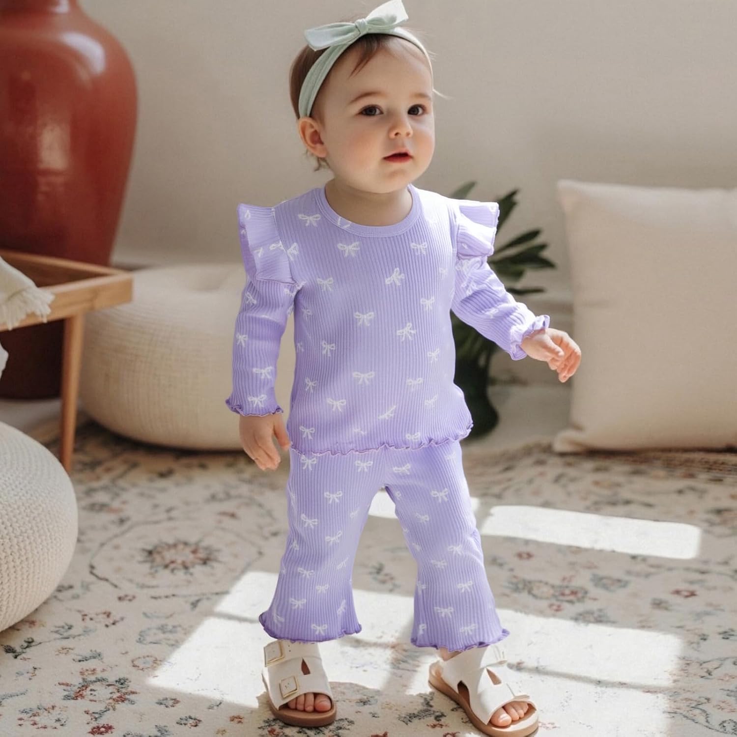 Toddler Baby Girl Fall Clothes Bow Print Ruffle Long Sleeve Round Neck Top Elastic Flare Pants Winter Outfit