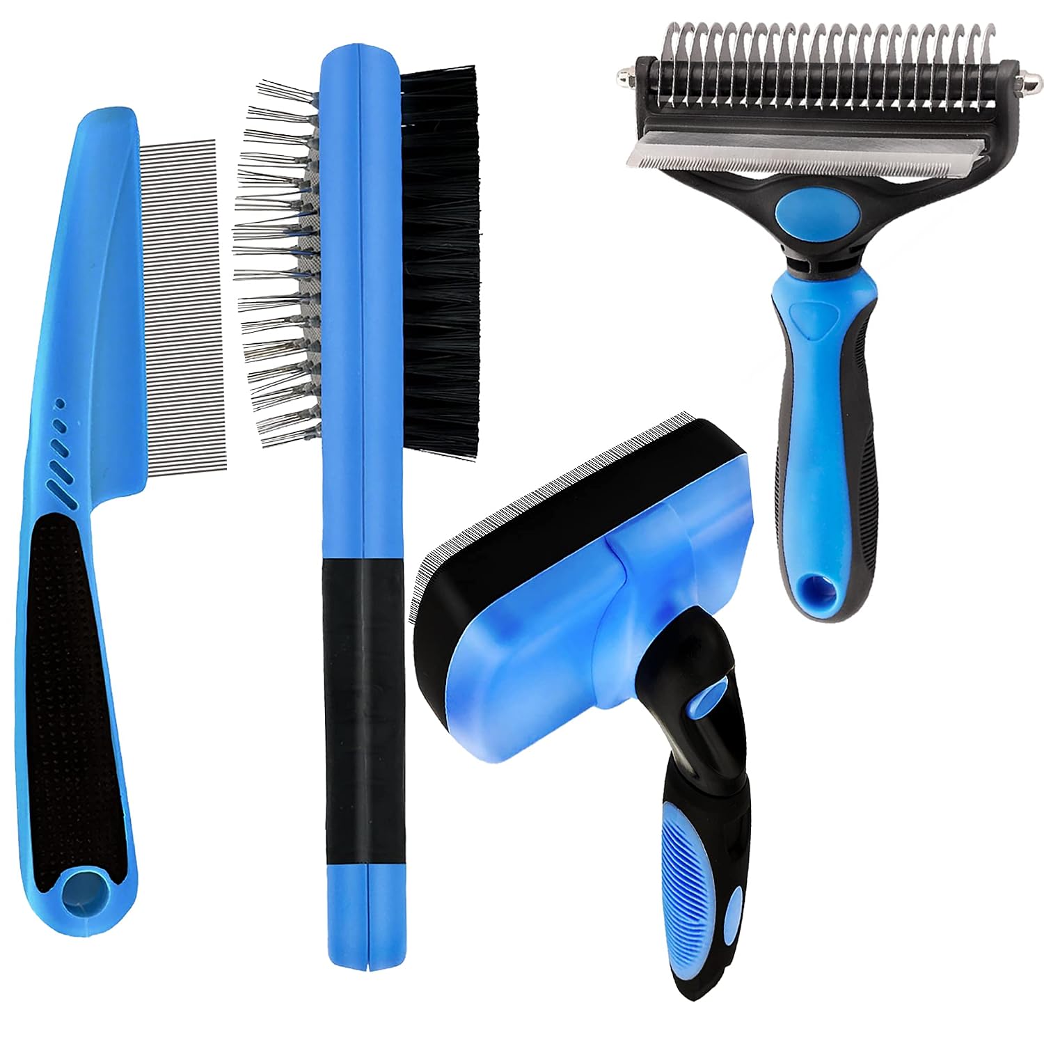 PetHaven Dog & Cat Brush Grooming Bundle - Self Cleaning Slicker, 2 in 1 Deshedding & Undercoat Rake, 2 in 1 Bristle & Pin Brush, Flee…