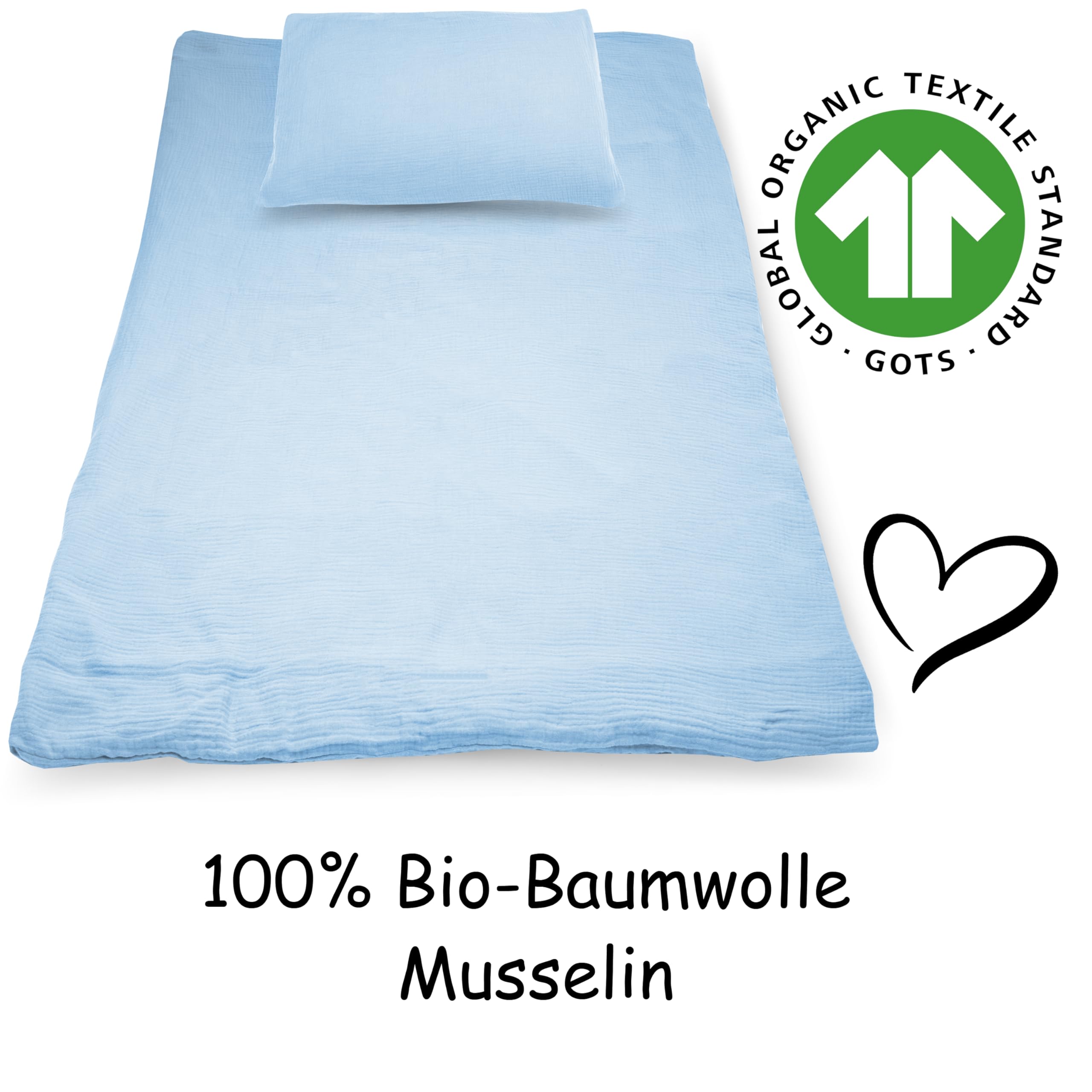 PinkZebra Ropa de Cama Musslin para bebé y niños: edredón de 100 x 135 cm + Almohada de 40 x 60 cm, Ropa de Cama Infantil de algodón 100% orgánico para niñas y niños, certificación Gots, Color Azul