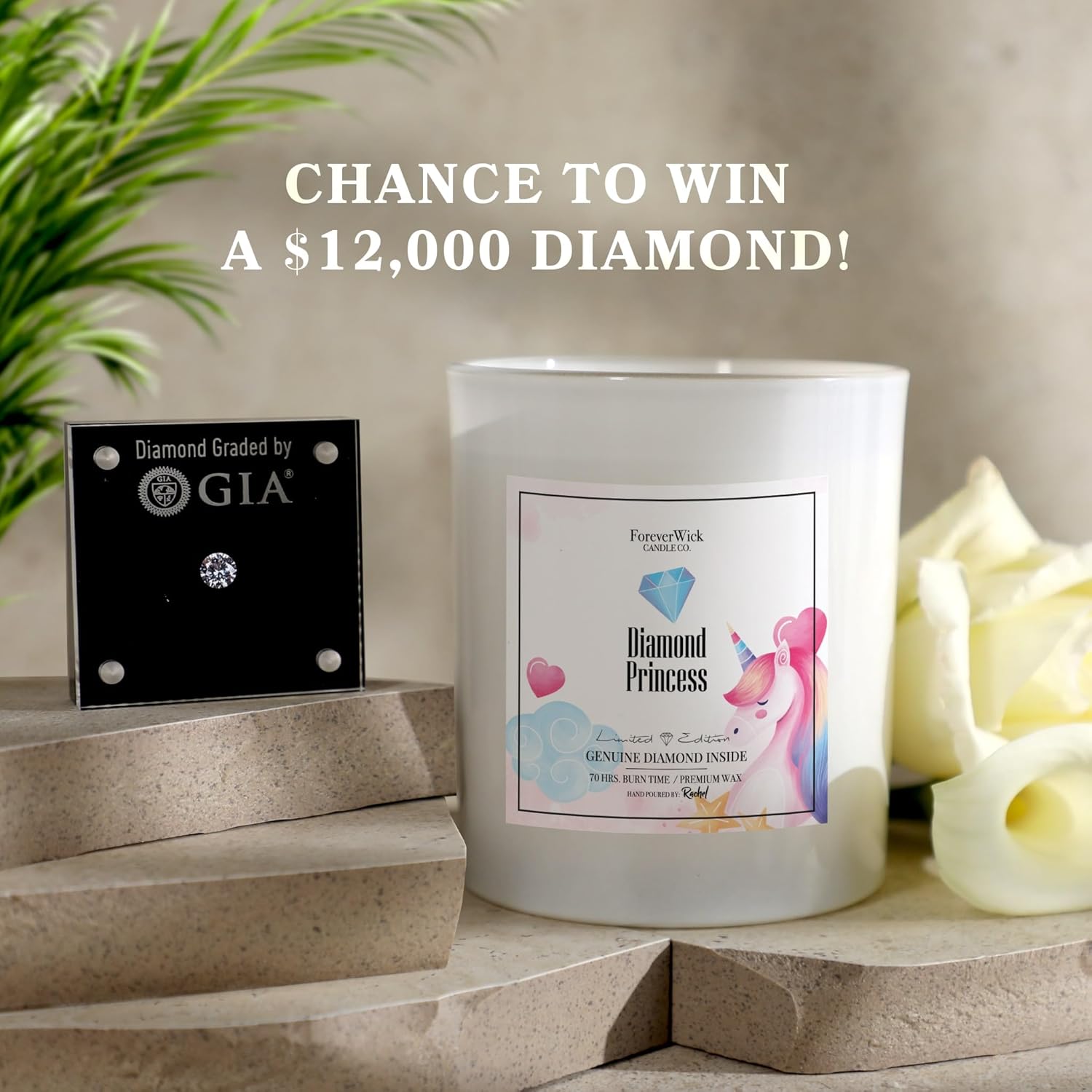 Diamond Princess Candle with Diamond Inside | Foreverwick Candles | Scented Soy Candles Gifts for Women Anniversary Candle | Anniversary Candles All-Natural Organic Soy Candle 14oz | 70h