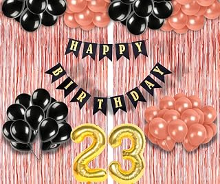 Mystic Toy Store 23rd Birthday Decoration items for Girls with Black and Rose Gold Balloons, Black Happy Birthday Banner, Rose Gold Foil Curtain, Foil Balloon number 23
