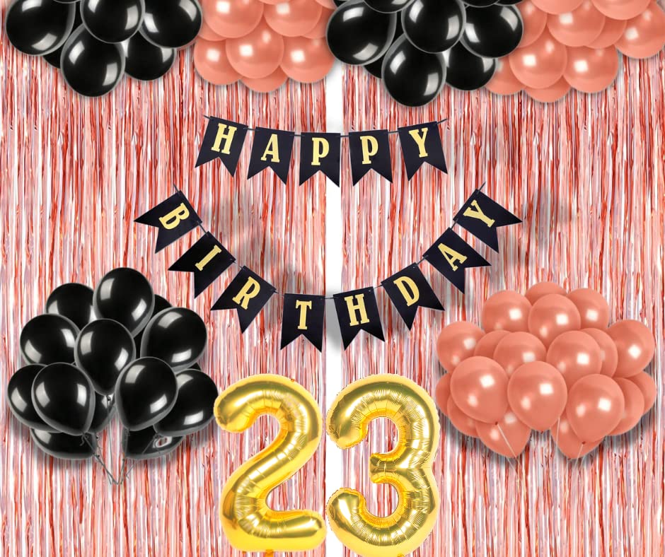 Image of 23rd Birthday Decoration items for Girls with Black and Rose Gold Balloons, Black Happy Birthday Banner, Rose Gold Foil Curtain, Foil Balloon number 23