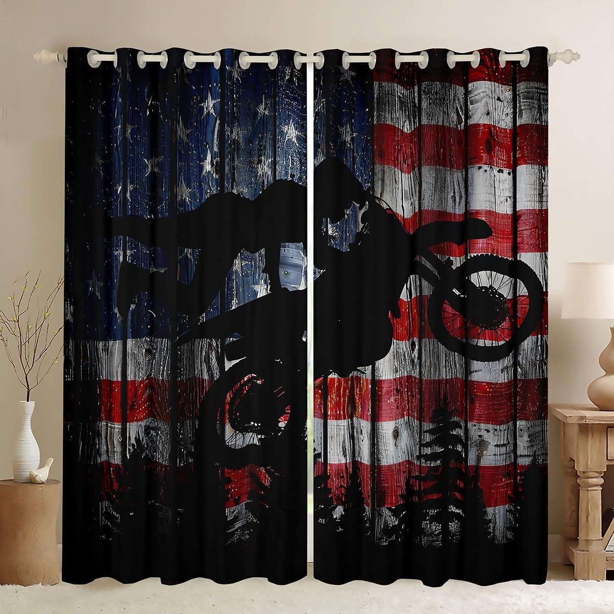 American Flag Window Curtain Boys Dirt Bike Racing Motocross Rider Curtains Kids Teens Men Rustic Farmhouse Wooden Window Treatment Curtain Retro Black Pine Tree Silhouette Window Drapes,42Wx63L