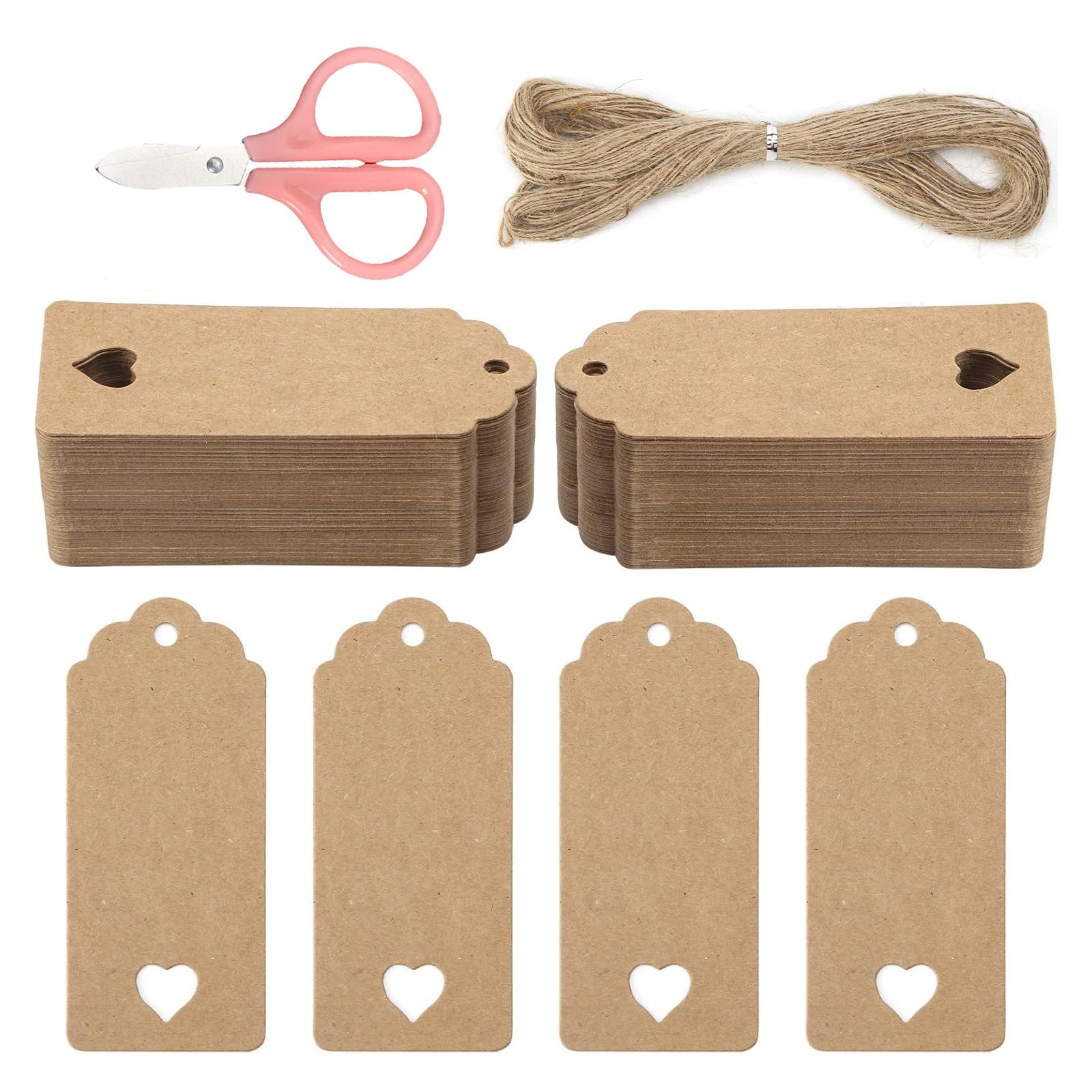 Brown Gift Tags with Heart, 120 Pcs Blank Paper Tags with String, 4.5cm x 9cm Gift Labels for Presents Wedding Birthday Favors