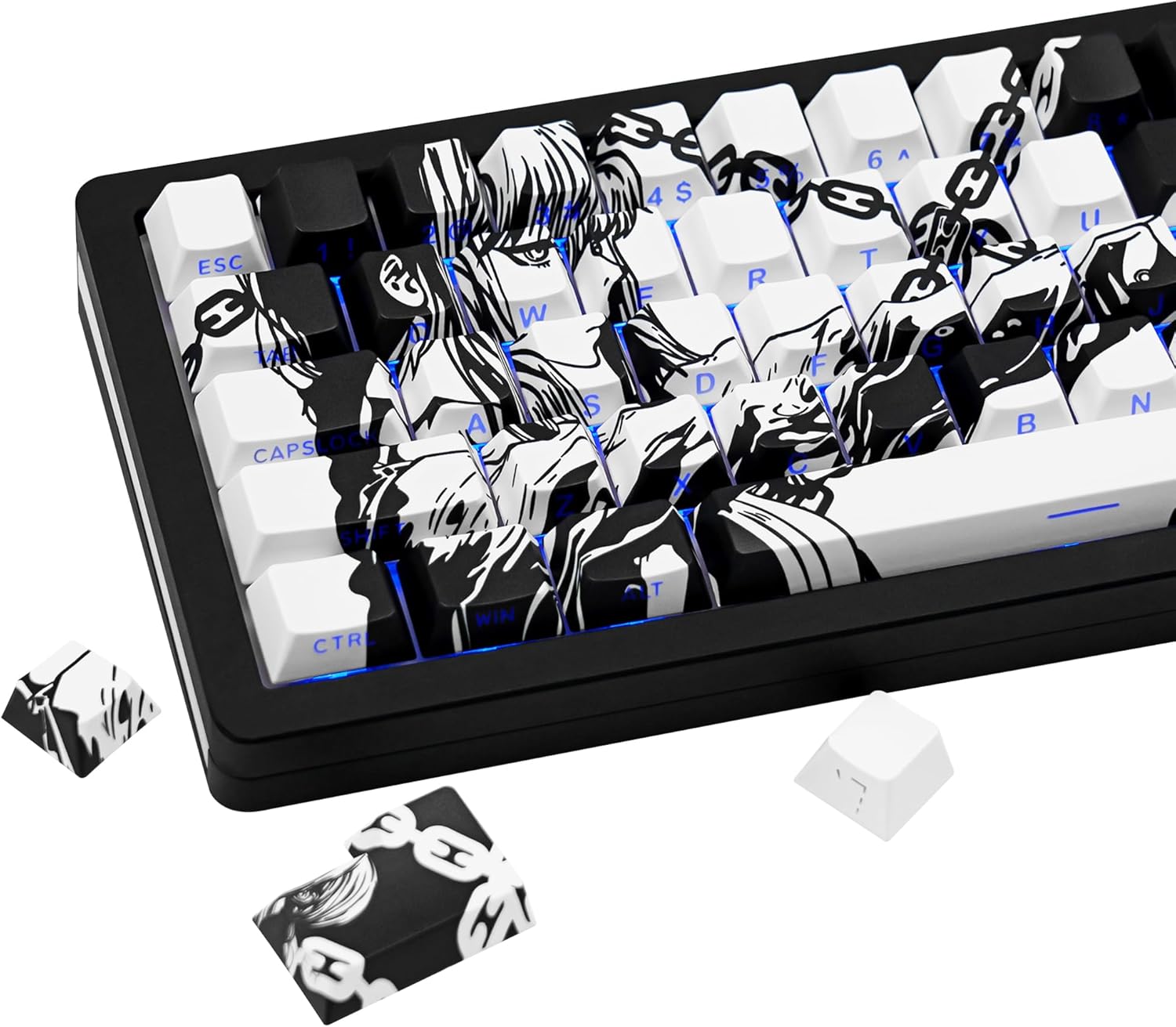 PBT Material Cherry Profile Japanese Black Chains Custom Shine Through Backlit Keycaps 75 Percent,131Key Shine-Through Side-Engraved Custom Keycaps Set for Mechanical Keyboard