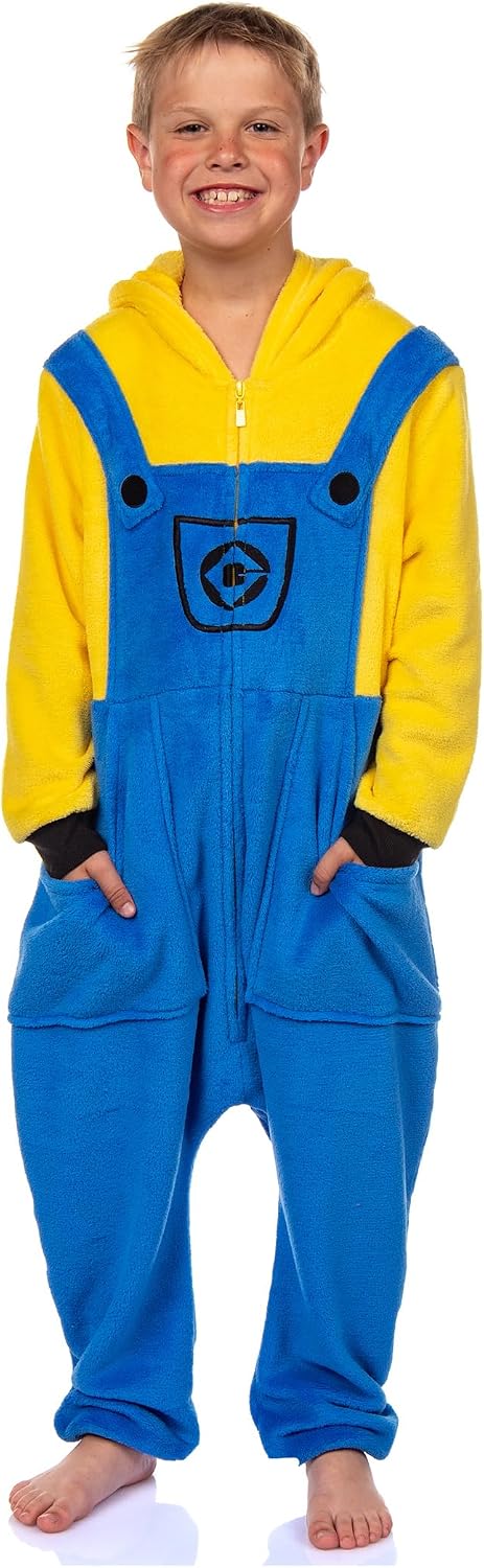 INTIMO Minions Boys' Kigurumi Union Suit � Stuart & Kevin Designs � Super Soft Fleece Minion Pajamas with Embroidered Details