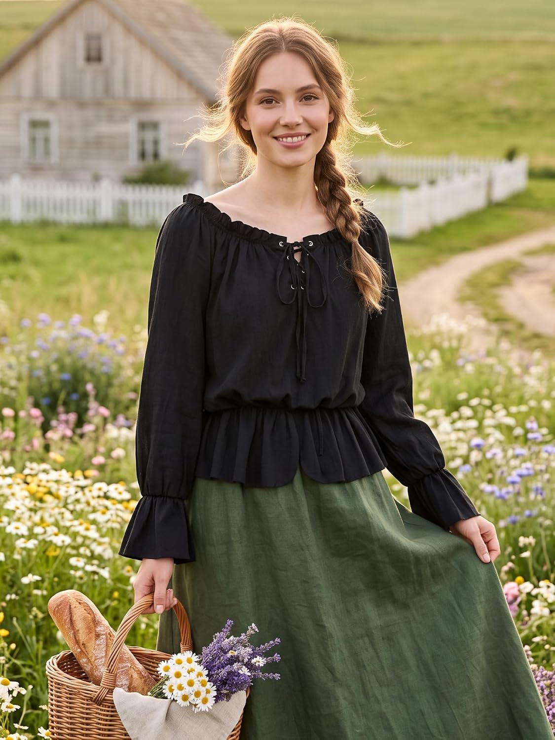 Renaissance Faire Top Women,Peasant Off Shoulder Shirt,Cotton Pirate Blouse