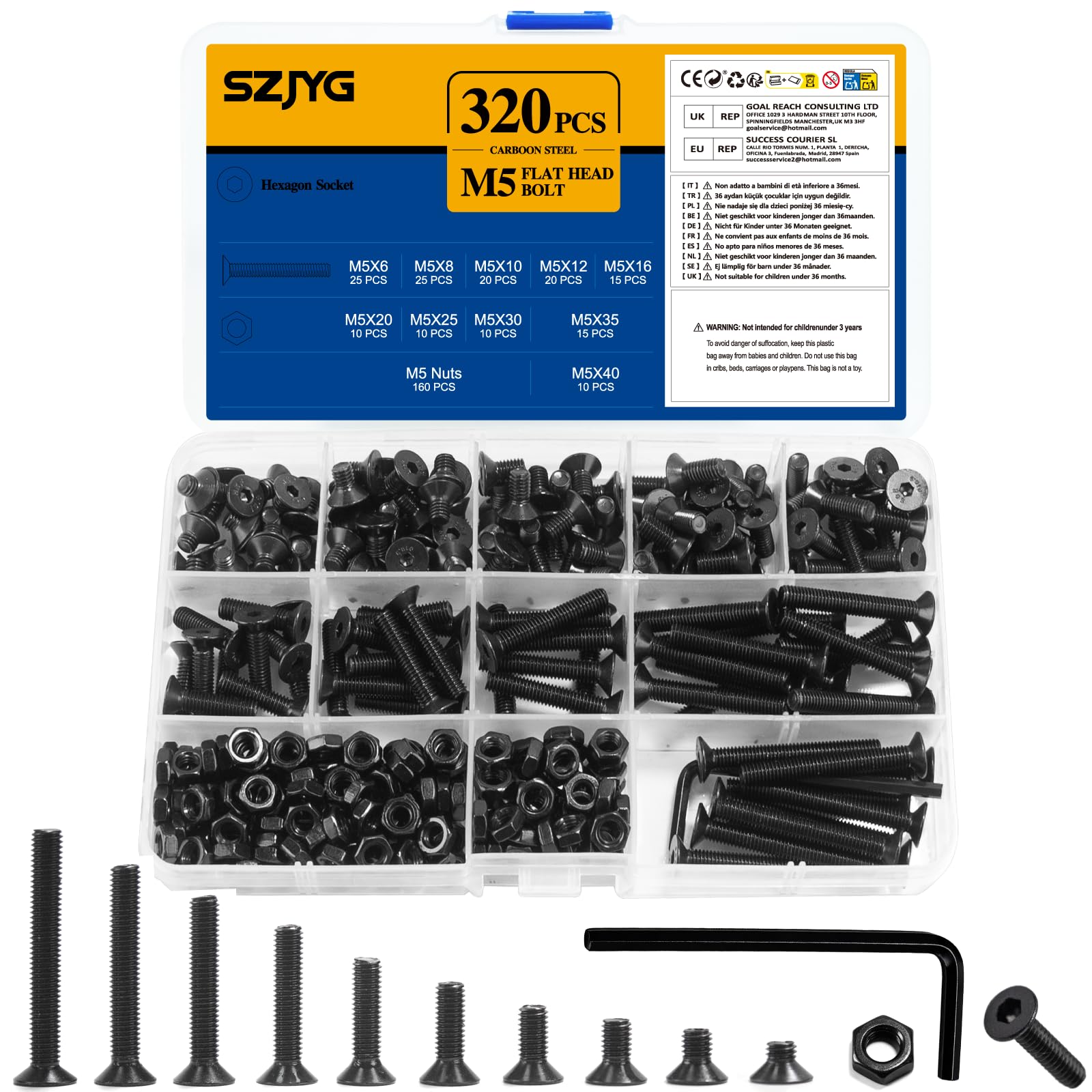 320 Pcs M5 Screws Set, Black Countersunk Bolts and Nuts Set, Machine Screws Assorted Nuts and Bolts, Flat Head Hex Socket Head Screw Assortment Kit