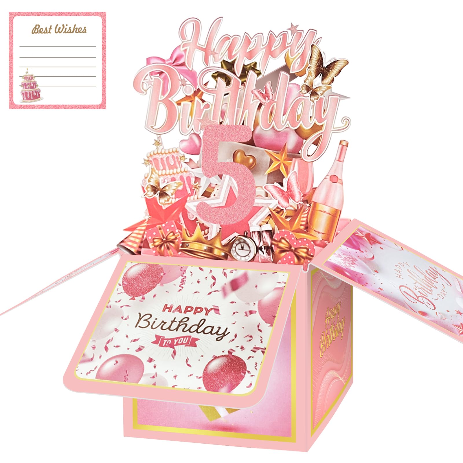5th Birthday Card with Envelopes for Girls, Birthday Decorations for Daughter, Bday Gift Box for 5 Year Old, Unique Handmade Foldable Celebration 3D Cards for Kids
