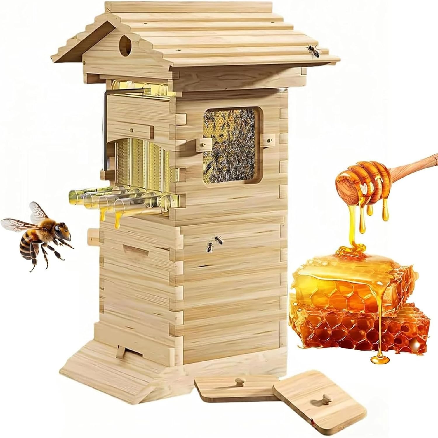 Beehive Starter Kit, Wooden Bee Hive House Beehive Box with Automatic Hive Flowing Frames, Complete Beekeeping Bee Box with Observation Window & Honey Spout, for Backyard Beekeeping