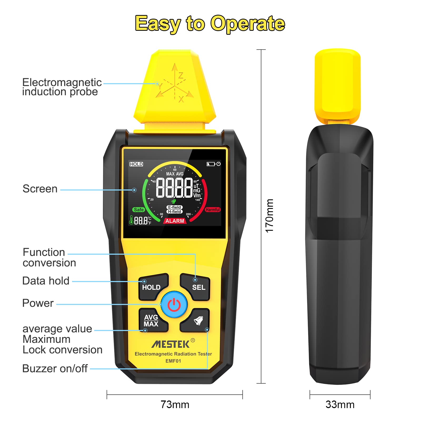 Medidor EMF MESTEK Detector de Radiación de Campos Electromagnéticos, EMF Meter Prueba de Temperatura con Pantalla LCD Digital para uso Doméstico, Oficina, al aire libre y Captura de Fantasmas