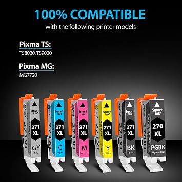 Smart Ink Compatible Ink Cartridges Replacement for Canon Pixma PGI-270XL PGI 270 XL CLI-271XL CLI 271 6 Pack Combo for Canon TS9020 TS8020 MG7720 (1 PGBK & 1 Black/Gray/Cyan/Magenta/Yellow)