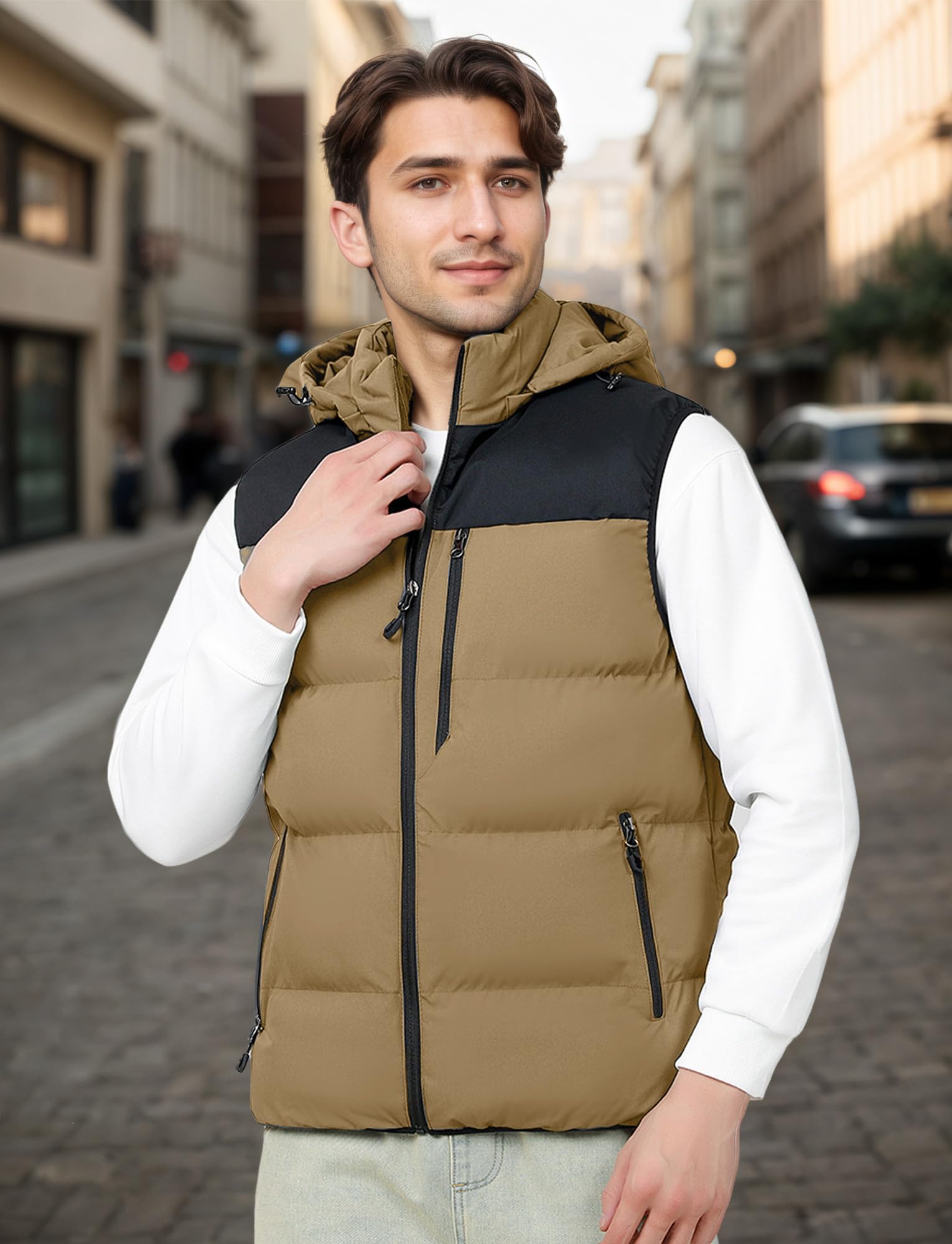 AIEOE Herren Winter Weste Wattierte Pufferweste mit Abnehmbarer Kapuze Warm Steppweste Wasserabweisend Body Warmer