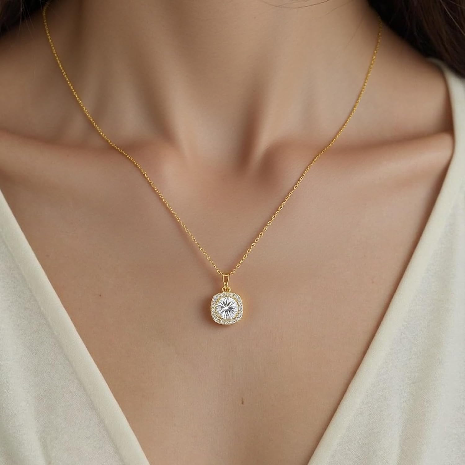 Gold Plated Elegant Hypoallergenic CZ Pendant Necklace for Women with Princess Cut Zirconia - Image 4