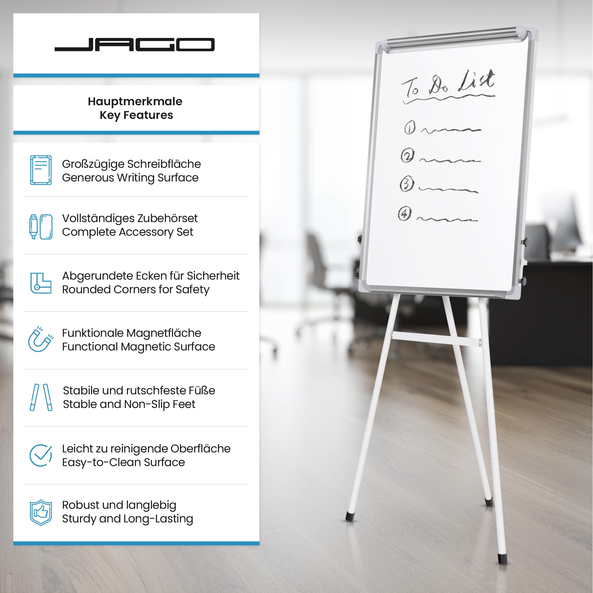 Jago® Chevalet de Conférence - avec Trépied Réglable en Hauteur, 60 x 90 cm, Magnétique, Effaçable, Incluant Marqueurs, Aimants, Papiers, Éponge - Paperboard, Tableau Magnétique Blanc