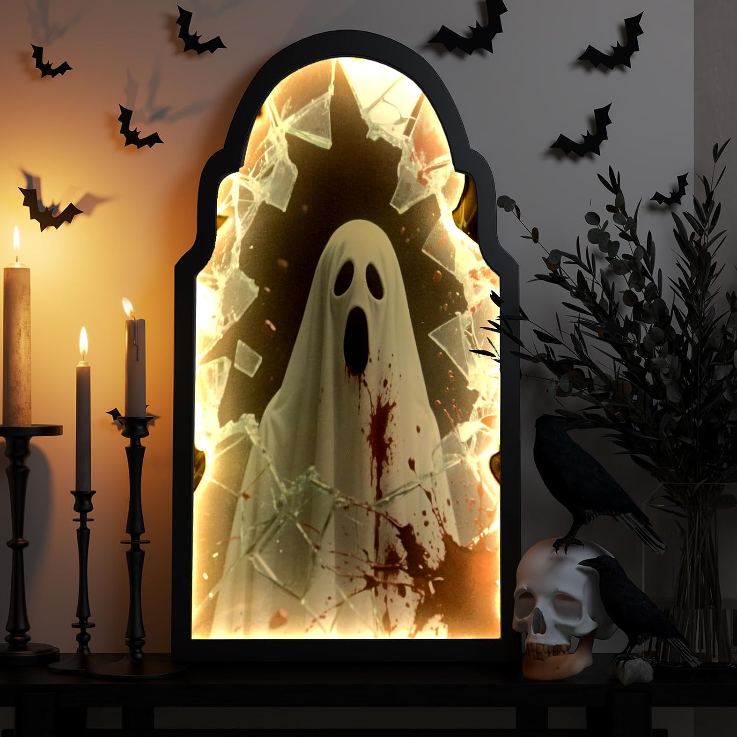 Halloween Decor Indoor,Big Size LED Ghost Mirror Hologram 20"x9.5",Spooky Gothic Decor,Haunted Mirror Halloween Decorations,Vintage Wall Decor for Living Room Fireplace Bathroom