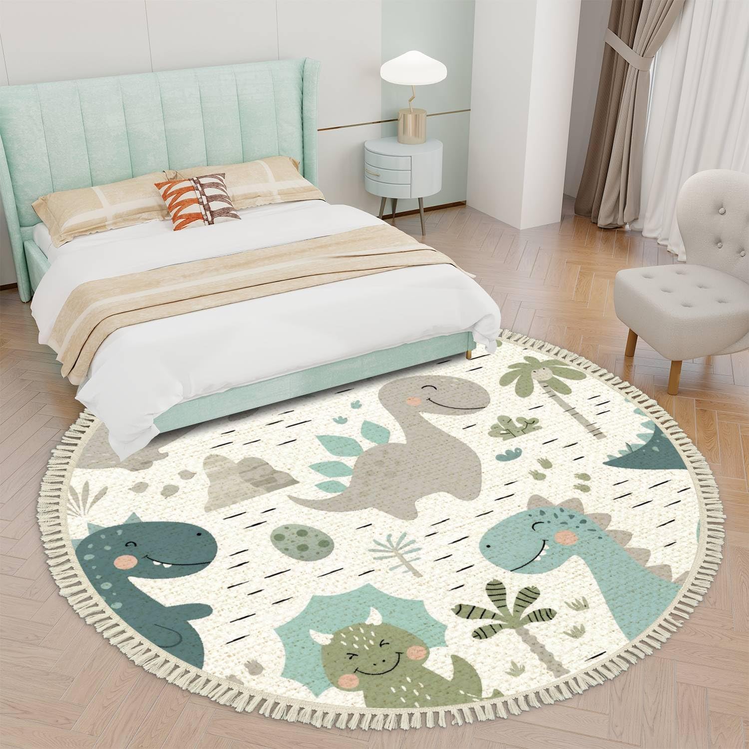 Round Rugs Dinosaur Baby boy Childish Sweet Dino with Palm and Cactus Boho Area Rug Linen and Cotton Carpet Meditation Rug Washable Hallway Runner Mat Accent Rug for Bedroom Bathroom 6ft