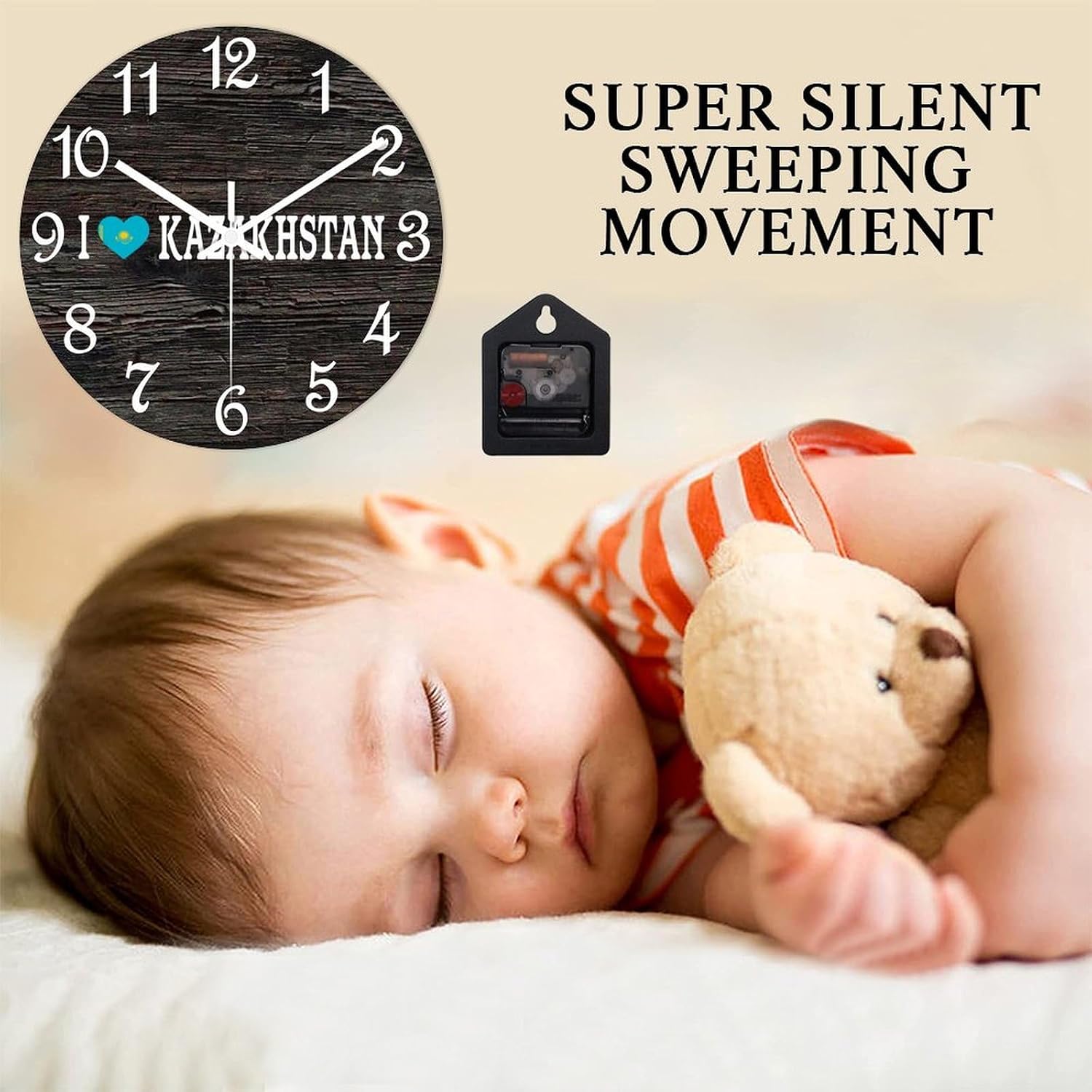I Love Kazakhstan Wall Clock Flag of Kazakhstan Operated Silent Non-Ticking PVC Clock 15x15 Inch for Home Kitchen Bathroom Bedroom Living Room Decor
