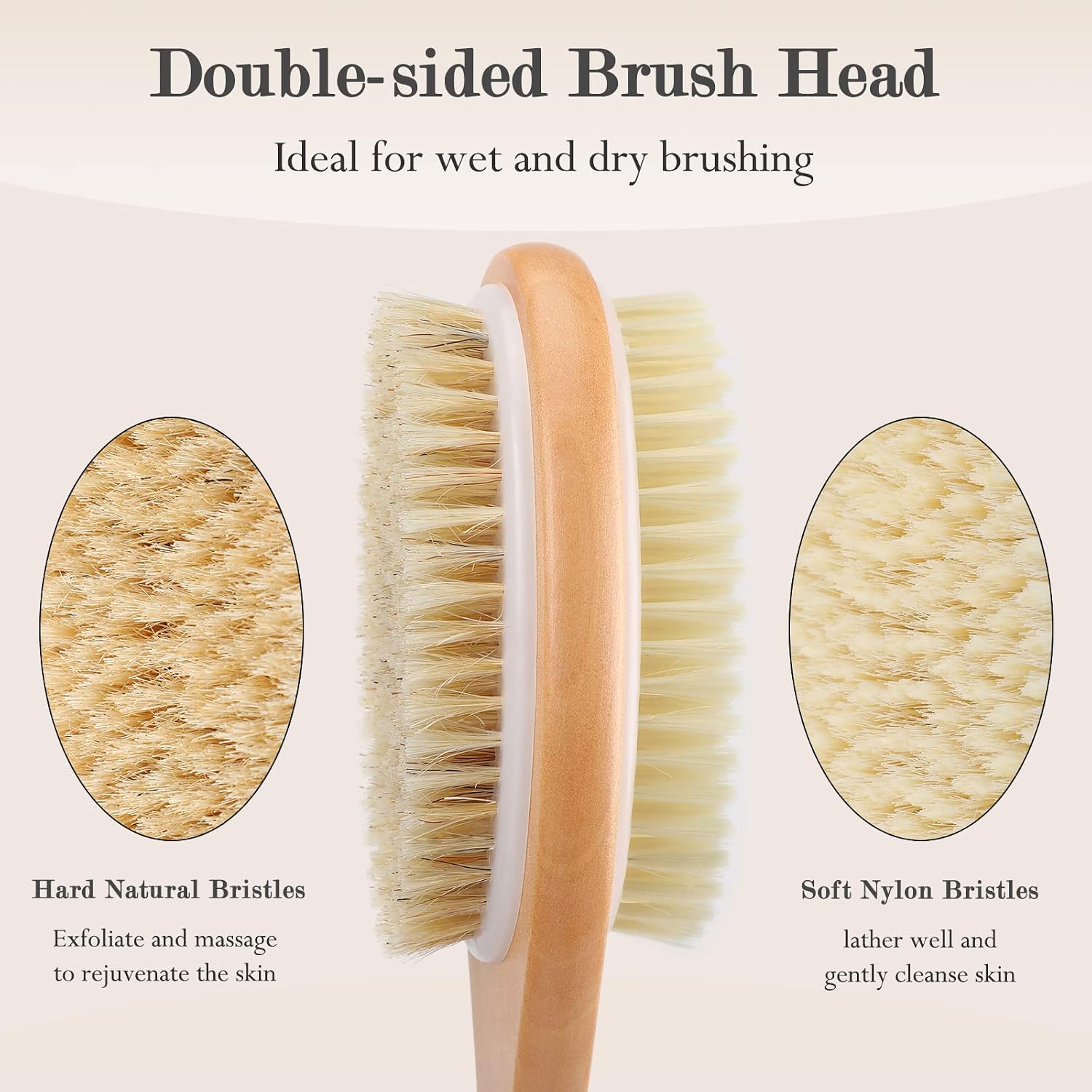 FREATECH Long Handle Body Brush Back Scrubber Exfoliator - 17.3" Wooden Bath Shower Brush, Dual-sided Brush Head with Soft Nylon Bristles and Stiff Natural Bristles for Wet or Dry Brushing