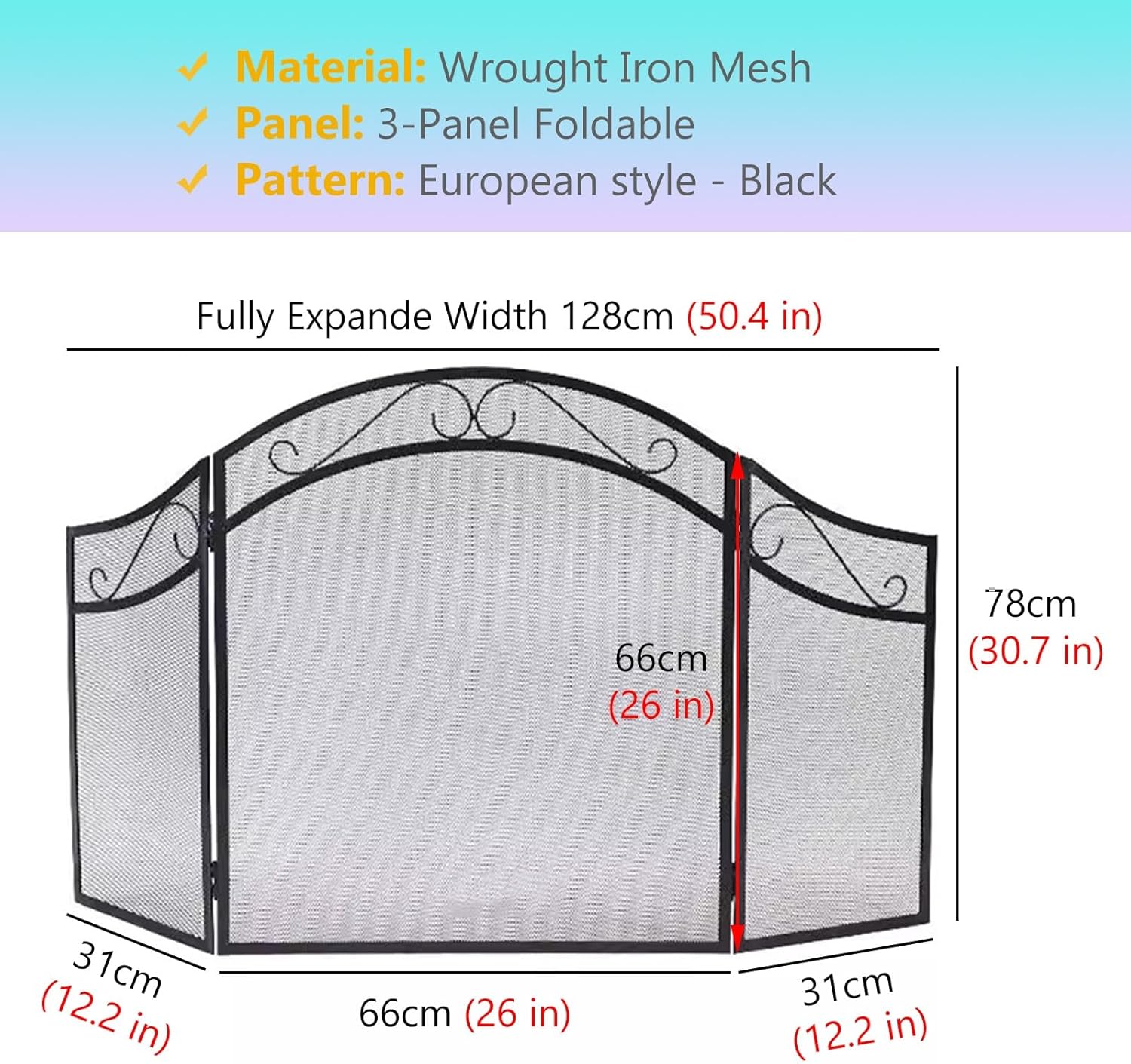 Foldable 3-Panel Fire Screen - Black Wrought Iron Spark Guard for Wood Burning Stove, 128×78cm, Durable Mesh Fireplace Protector, Ideal for Safety & Style