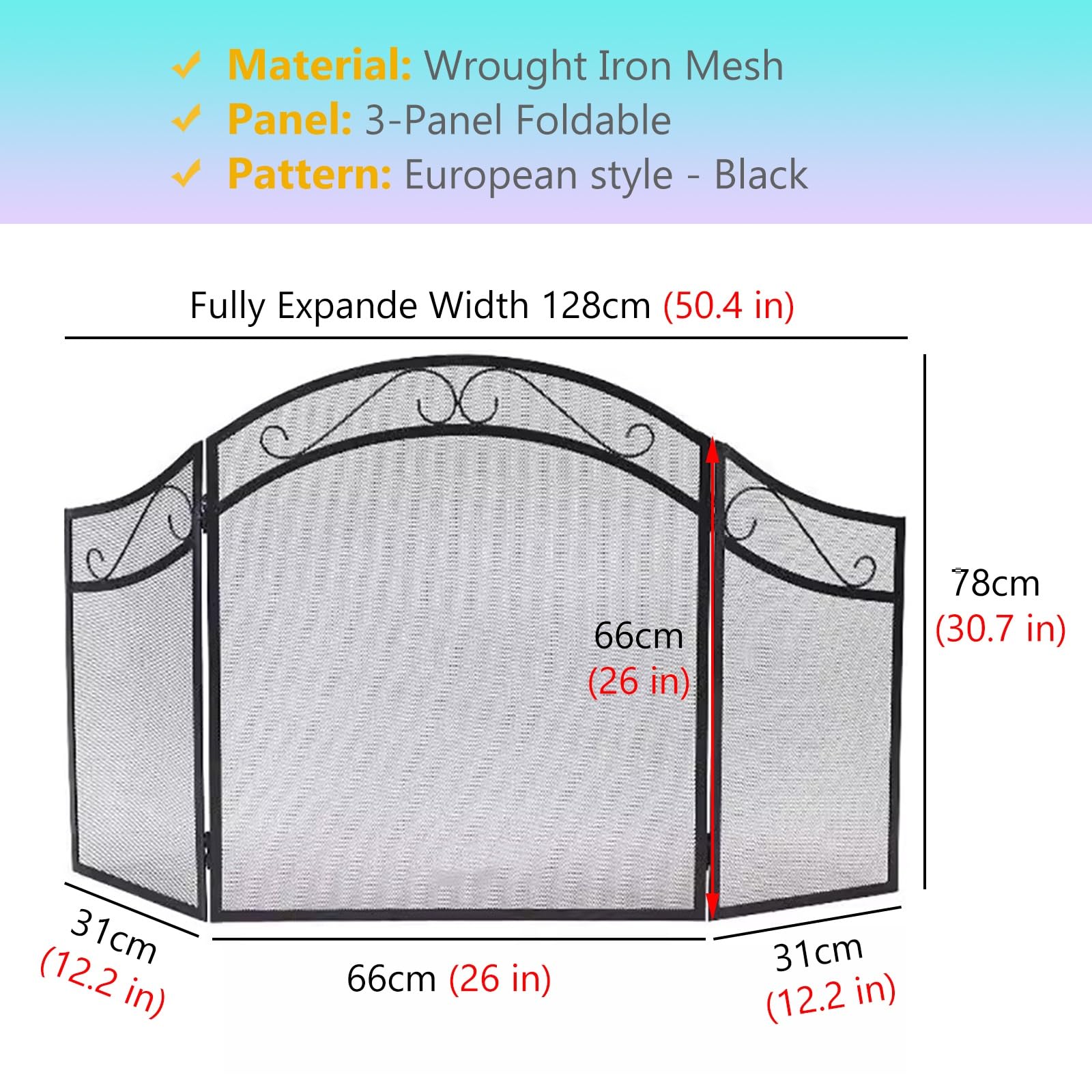 GTPBAO Salvachispas Chimenea Pantalla De Malla De Hierro Forjado Negra para Chimenea: Protector De Chispas Plegable De 3 Paneles para Estufa De Leña, 128×78cm