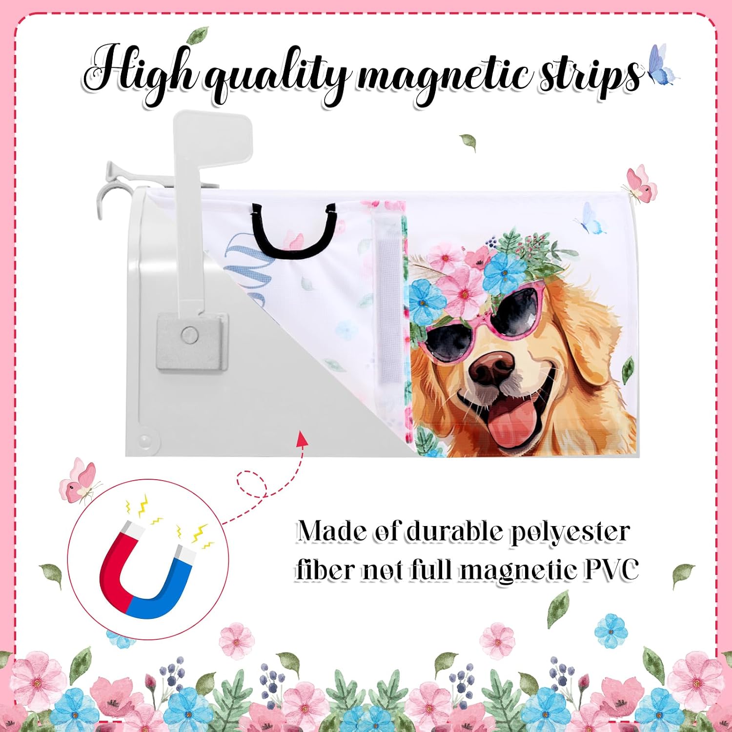 Spring Mailbox Cover 21x18Inch Wildflower Dog Mail Box Wrap Magnetic Floral Letter Post Cover Decorations for Garden Yard Outdoor Outside Spring Dogs Butterfly Floral Wraps Mailbox Decor