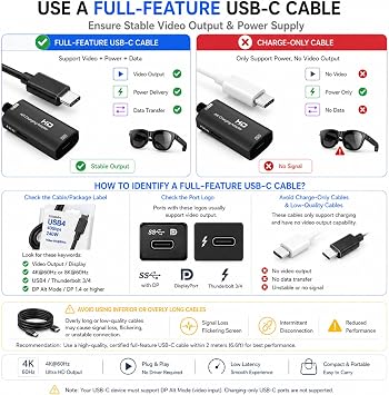 Guermok HDMI to USB C Video Display Adapter, 4.9ft AR Glasses Hub, 4K@60Hz