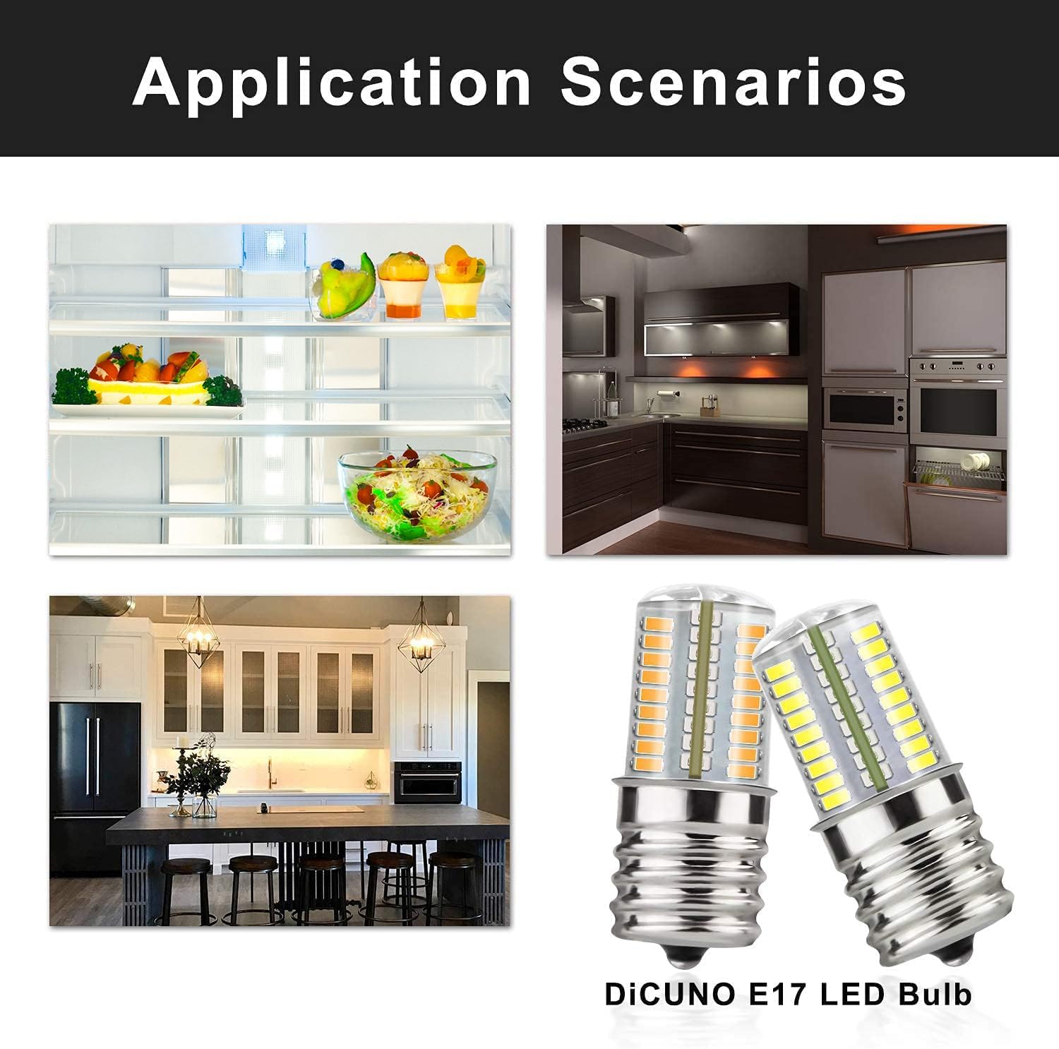 DiCUNO E17 LED Bulb Dimmable, Under Microwave Oven Appliance Light, 4W (30W Incandescent Equivalent), Warm White 3000K, AC110-130V for Stove Top Lights, Kitchen Lighting (2-Pack)