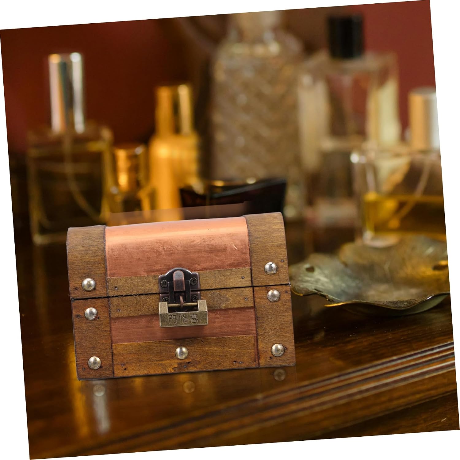 Vintage Wooden Jewelry Storage Box with Lock Small Treasure Chest for Necklaces Rings Earrings Decorative Organizer for Office and Home