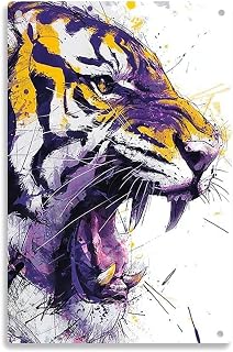 Purple And Gold Roaring Tiger Head Watercolor Splash Art Tin Sign, Vintage Abstract Roaring Tiger Metal Sign Print Aesthetic Room Decoration for Home Bedroom Kitchen Bar Dorm Bathroom Wall Decor 8 X 1