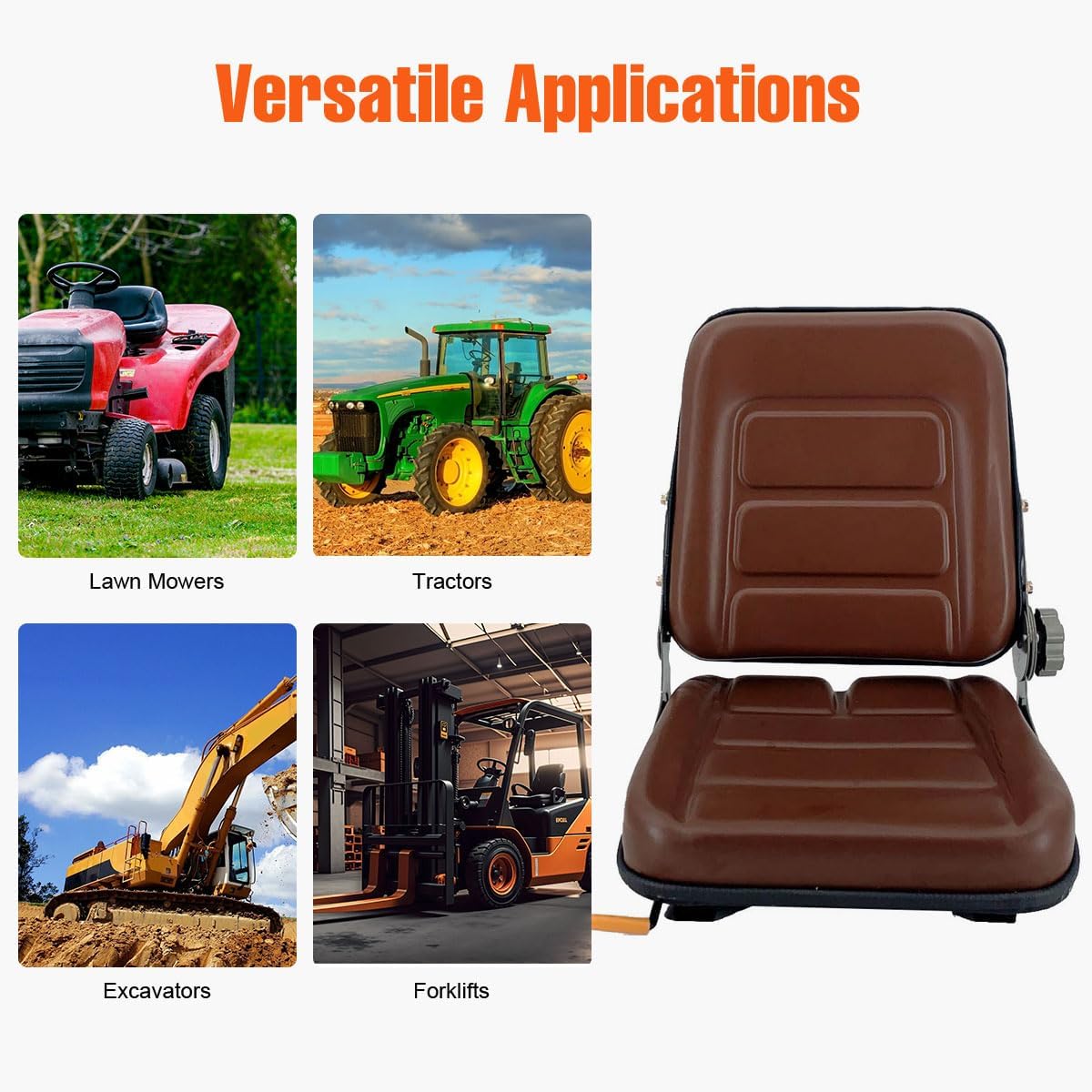 PVC Forklift Seat Suspension Tractor Seat with 140° Adjustable Back | Brown | Fits Excavator Forklift, Tractor, Skid Loader, Backhoe Dozer Telehandler, Heavy Mechanical Seat