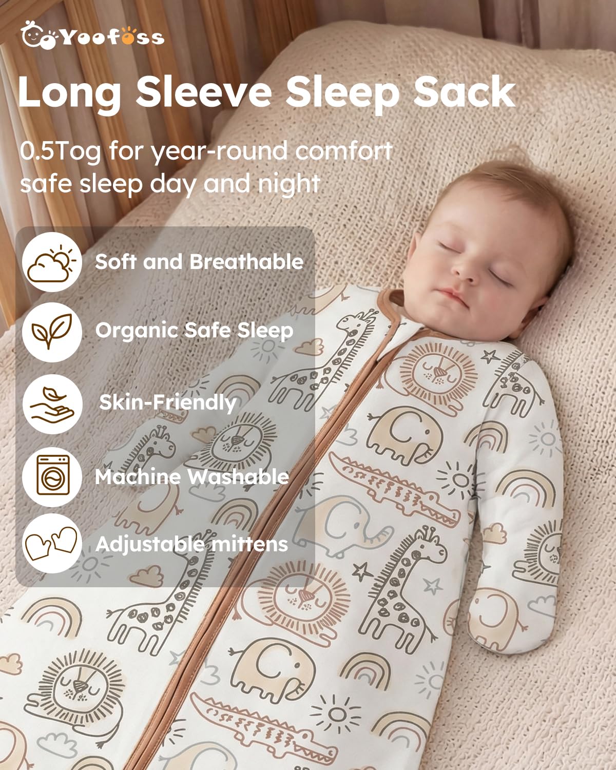 Yoofoss Baby Sleep Sack 0-3 Months 100% Organic Cotton Long Sleeve Wearable Blanket Baby 2-Way Zipper 0.5 Tog Newborn Sleeping Sack, Lightweight