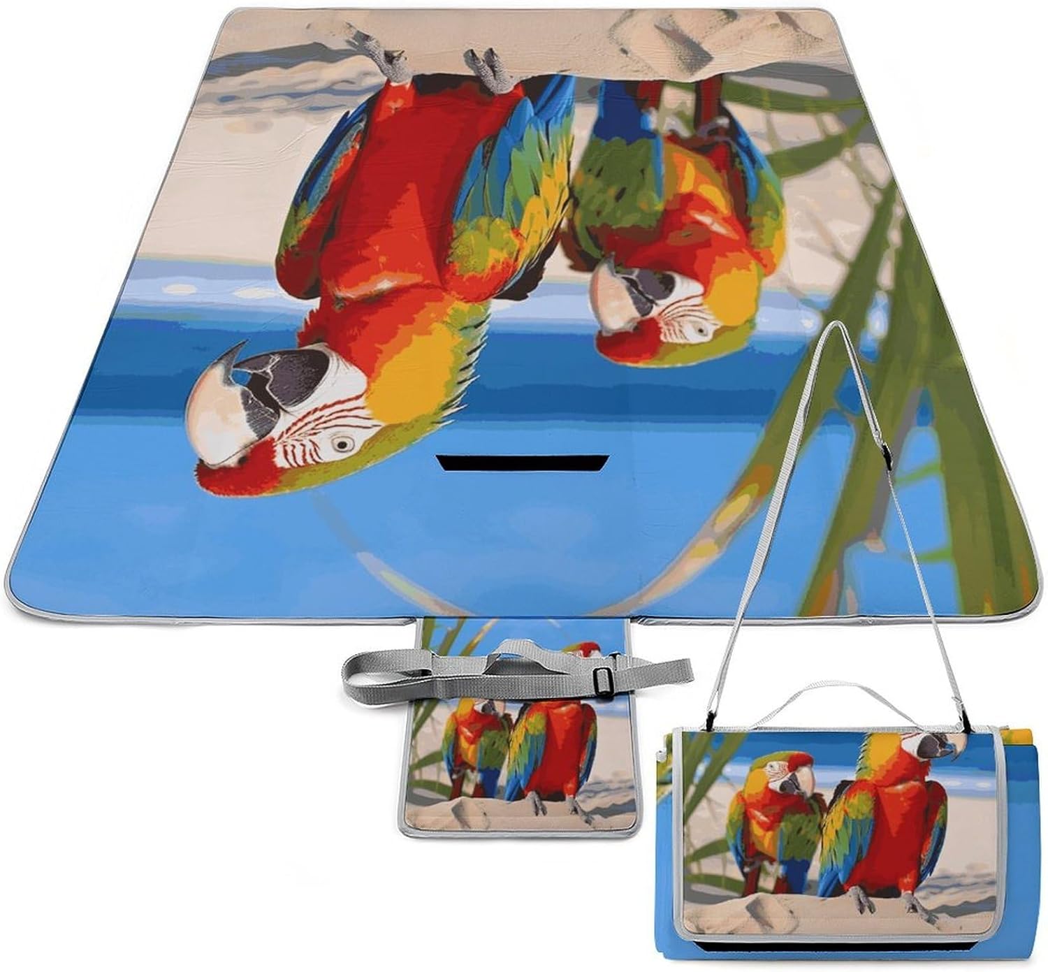 Beach Parrots Waterproof Picnic Blanket 58.3''x58.3'',Portable and Foldable Picnic Mat with Handle,Outdoor Blankets for Lawn Park Beach Travel