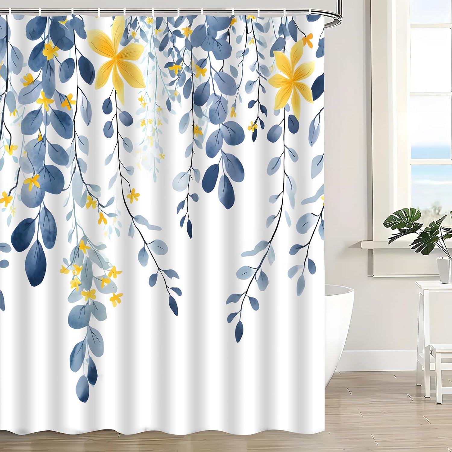Blue Leaves Floral Shower Curtain Yellow Floral Eucalyptus Leaves Rustic Watercolor Plant Nature Botanical Leaf Vine Country Farm Spring Fabric Bath Curtain Set with Hook