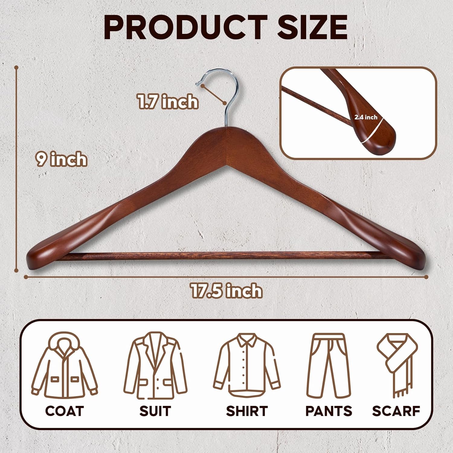 ELONG HOME Coat Hanger, 6 Pack Heavy Duty Wooden Hangers with Extra Wide Shoulder, 17.5" Luxury Suit Hanger for Closet, Walnut with 360 Swivel Hook & Strong Pant Bar