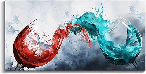Miniatura 5 de Arte en lienzo de colisiones de copas de vino azul y rojo  24 x 48 pulgadas  Decoración moderna de cocina y comedor  Pintura abstracta de copa de