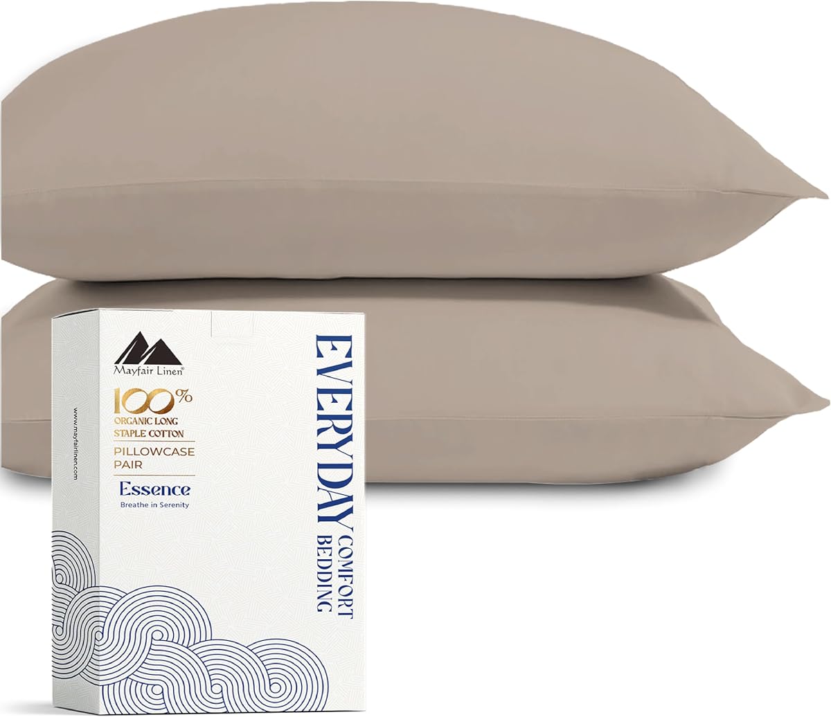 100% Organic Cotton Percale Pillow Cases Queen/Standard Size Set of 2 - Percale Pillowcovers Standard/Queen (Taupe), Soft Cooling Pillow Case for Sleeping, Cotton Pillowcases