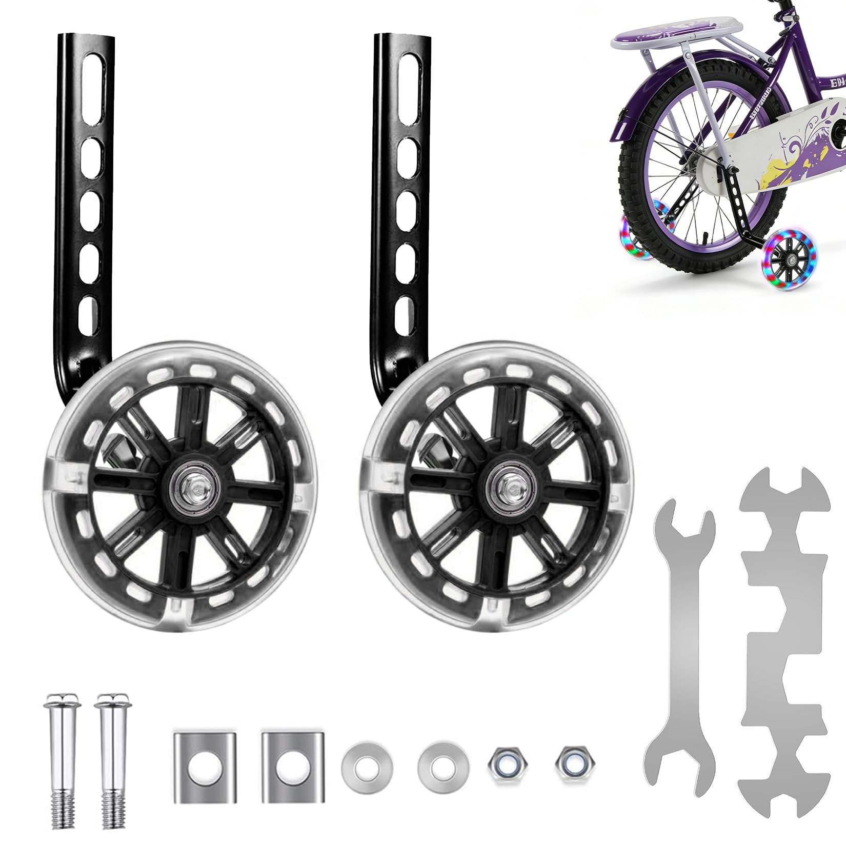GothicBride Bicycle Stabilisers 2 Pieces Universal Adjustable Auxiliary Wheels with Luminous Safety Stabilisers Universal Auxiliary Wheels (Black)
